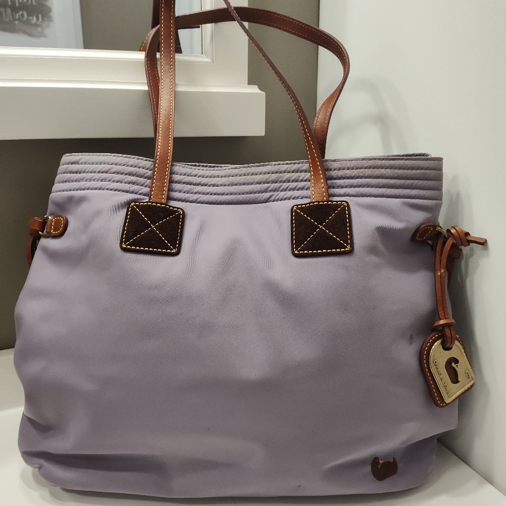 Dooney & Bourke Lavender Nylon Tote with Brown Leather Trim and Straps - Picture 4 of 16